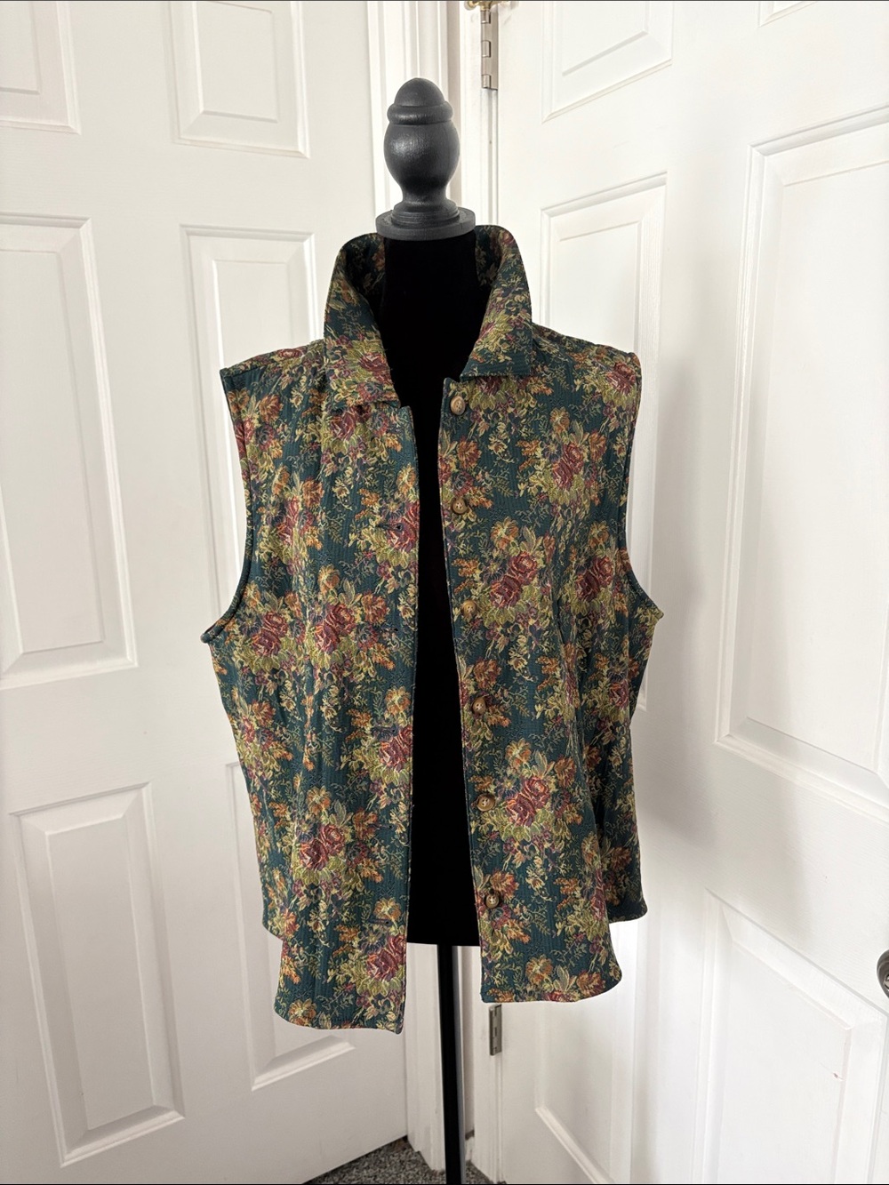 Vintage 90s Westbound Green and Burgundy Floral Tapestry Button-front Vest